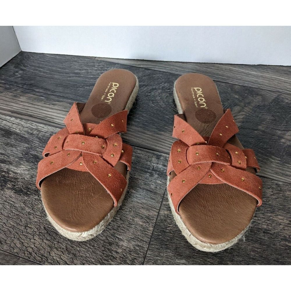 Picon Flat Burnt Orange Leather Espadrille Strap Sandals Size 6.5 Made In Spain
